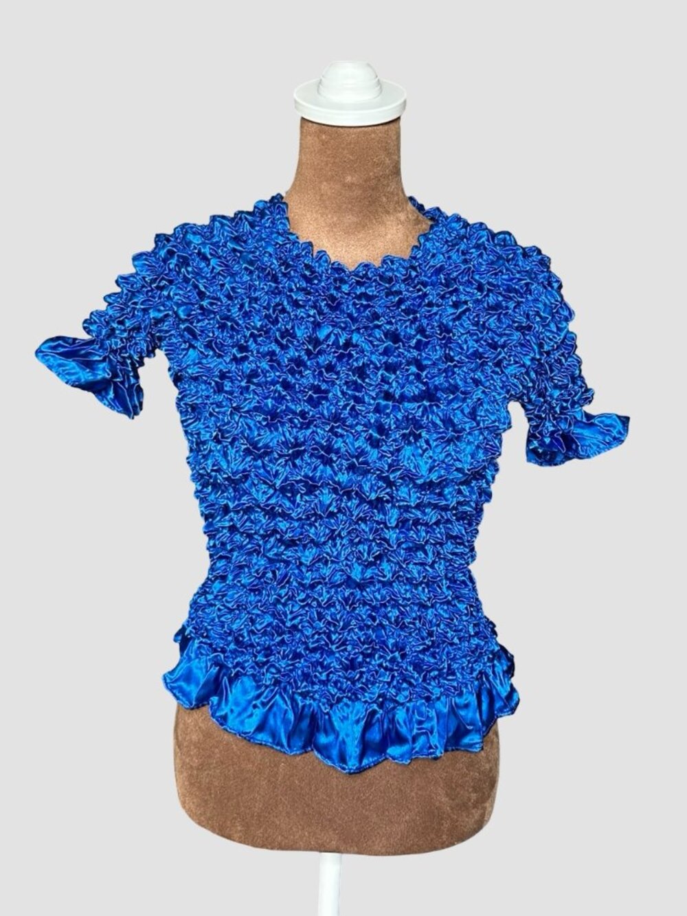 Y2K Popcorn Crinkle Scrunch Going Out Short Sleeve Top Shirt Shiny Dark Blue O/S